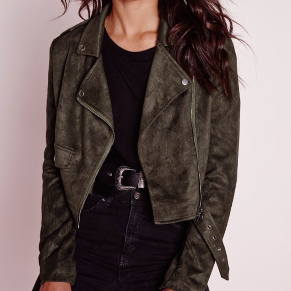 Missguided Faux Suede Biker Jacket - Khaki US 2 - Picture 2 of 5